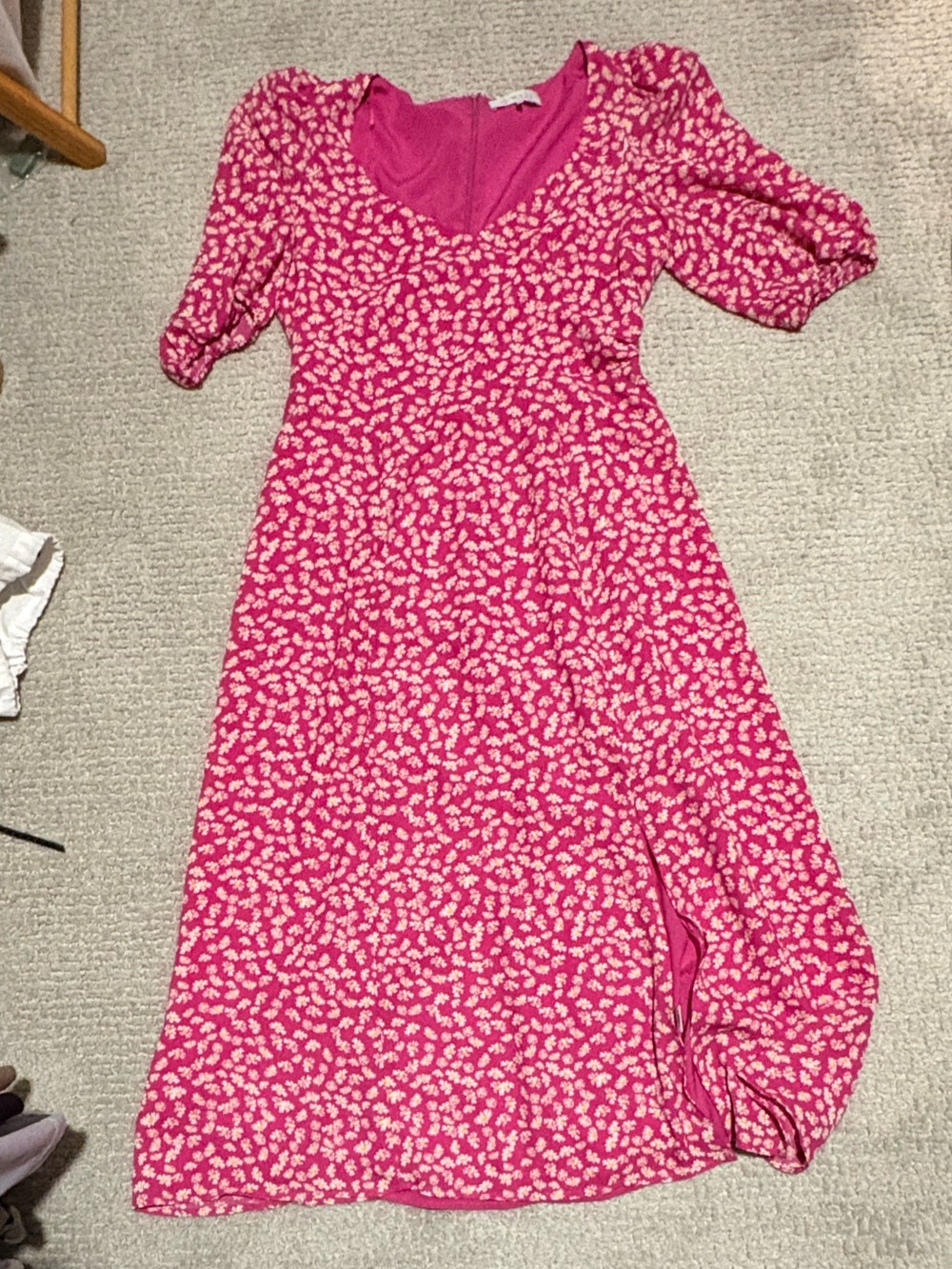 Wayf Hot Pink Floral V-Neck Midi Dress